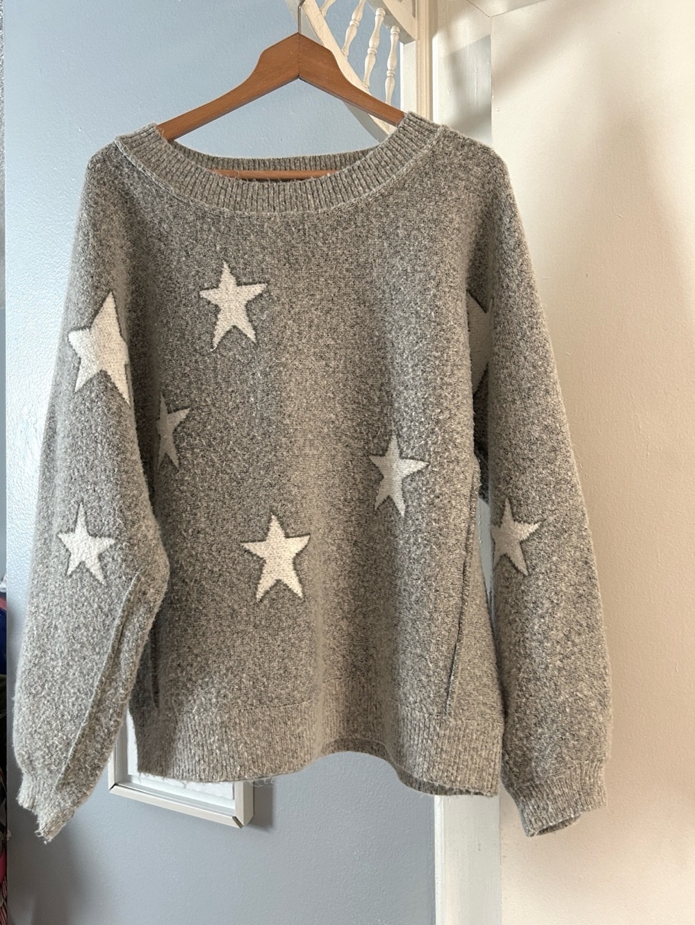 Bunulu Womens Size 1X Grey Thick Knit Long Sleeve Pullover Stars Sweater